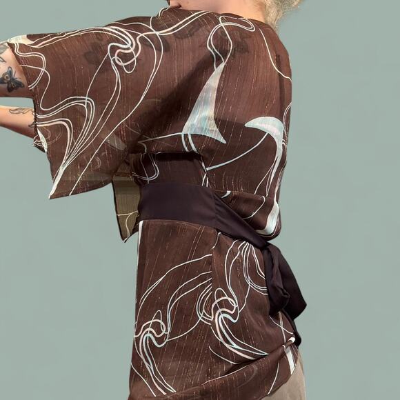 70s y2k retro brown and teal sheer top with tie back waist Elementz wmns sz med - Picture 3 of 7